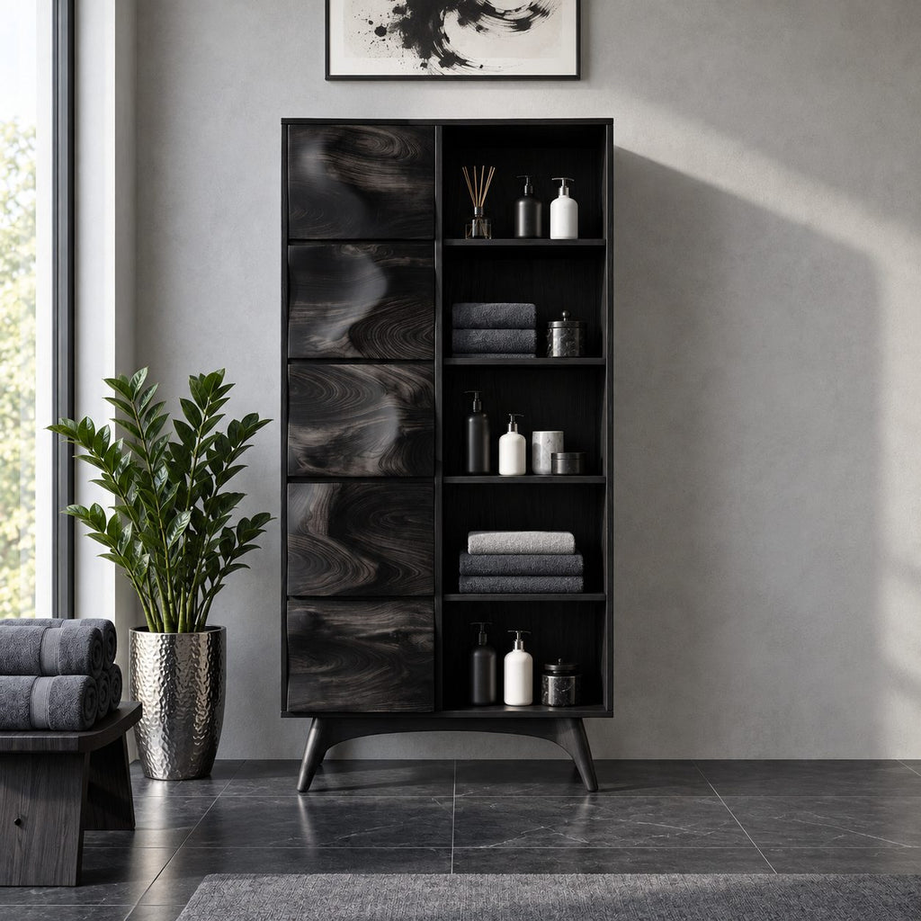 Wave Door Linen Cabinet with Open Towel Cubbies and Splayed Legs, Tall Solid Wood Bathroom Storage