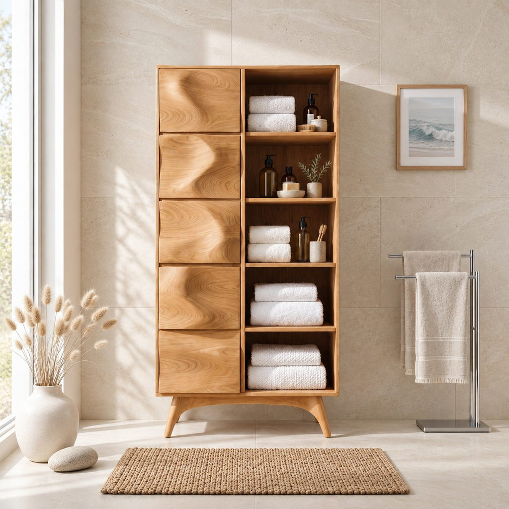 Wave Door Linen Cabinet with Open Towel Cubbies and Splayed Legs, Tall Solid Wood Bathroom Storage
