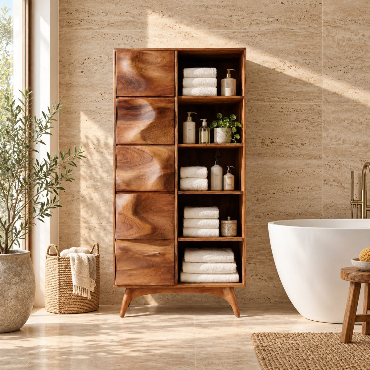 Wave Door Linen Cabinet with Open Towel Cubbies and Splayed Legs, Tall Solid Wood Bathroom Storage
