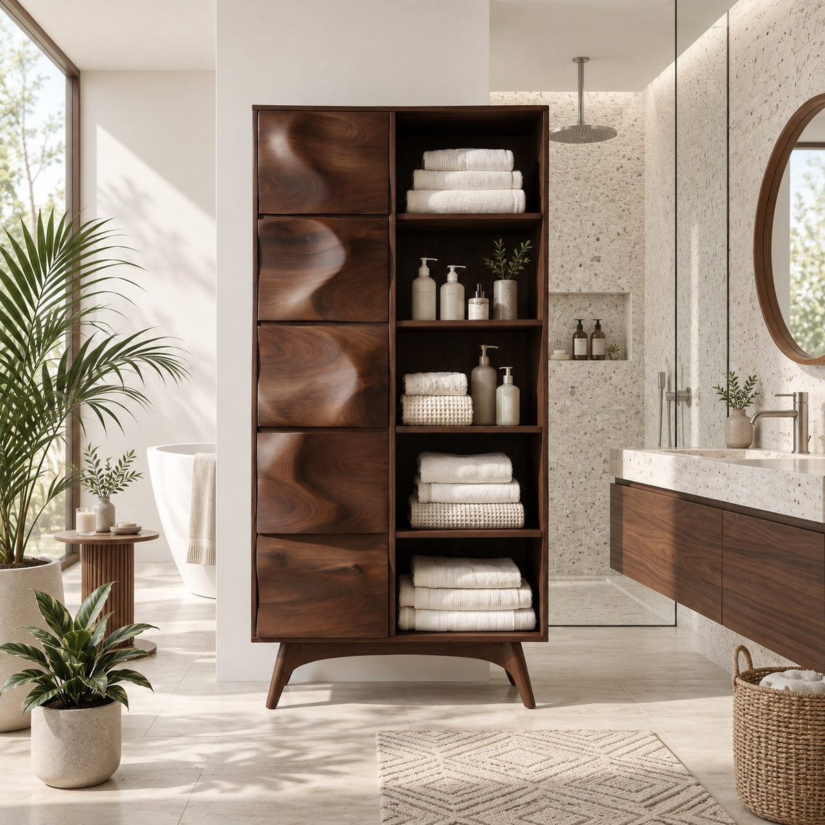 Wave Door Linen Cabinet with Open Towel Cubbies and Splayed Legs, Tall Solid Wood Bathroom Storage