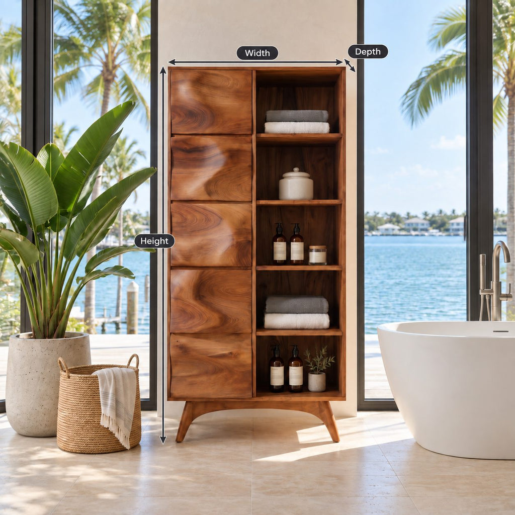 Wave Door Linen Cabinet with Open Towel Cubbies and Splayed Legs, Tall Solid Wood Bathroom Storage