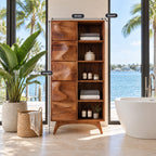 Wave Door Linen Cabinet with Open Towel Cubbies and Splayed Legs, Tall Solid Wood Bathroom Storage