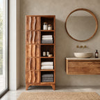 Rippled Door Bathroom Linen Cabinet with Open Shelves and Tapered Legs, Tall Solid Wood Storage
