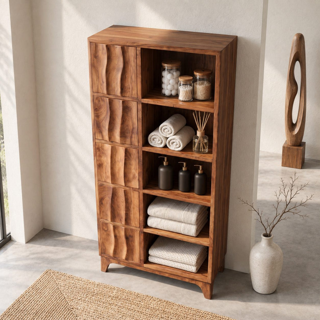 Rippled Door Bathroom Linen Cabinet with Open Shelves and Tapered Legs, Tall Solid Wood Storage