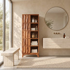 Rippled Door Bathroom Linen Cabinet with Open Shelves and Tapered Legs, Tall Solid Wood Storage