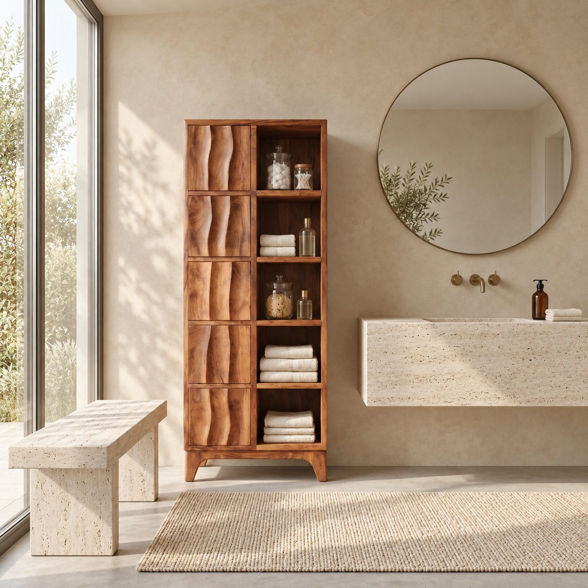 Rippled Door Bathroom Linen Cabinet with Open Shelves and Tapered Legs, Tall Solid Wood Storage