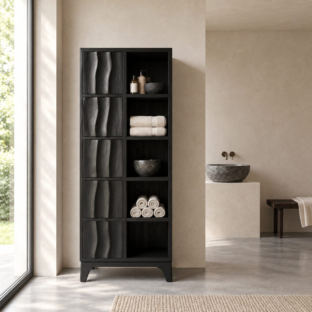 Rippled Door Bathroom Linen Cabinet with Open Shelves and Tapered Legs, Tall Solid Wood Storage