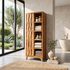 Rippled Door Bathroom Linen Cabinet with Open Shelves and Tapered Legs, Tall Solid Wood Storage