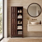 Rippled Door Bathroom Linen Cabinet with Open Shelves and Tapered Legs, Tall Solid Wood Storage