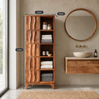 Rippled Door Bathroom Linen Cabinet with Open Shelves and Tapered Legs, Tall Solid Wood Storage
