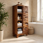 Hand Carved Drawer Bathroom Linen Cabinet with Open Side Shelves and Scalloped Base, Solid Wood