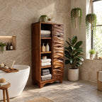Hand Carved Drawer Bathroom Linen Cabinet with Open Side Shelves and Scalloped Base, Solid Wood