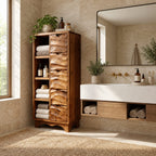 Hand Carved Drawer Bathroom Linen Cabinet with Open Side Shelves and Scalloped Base, Solid Wood