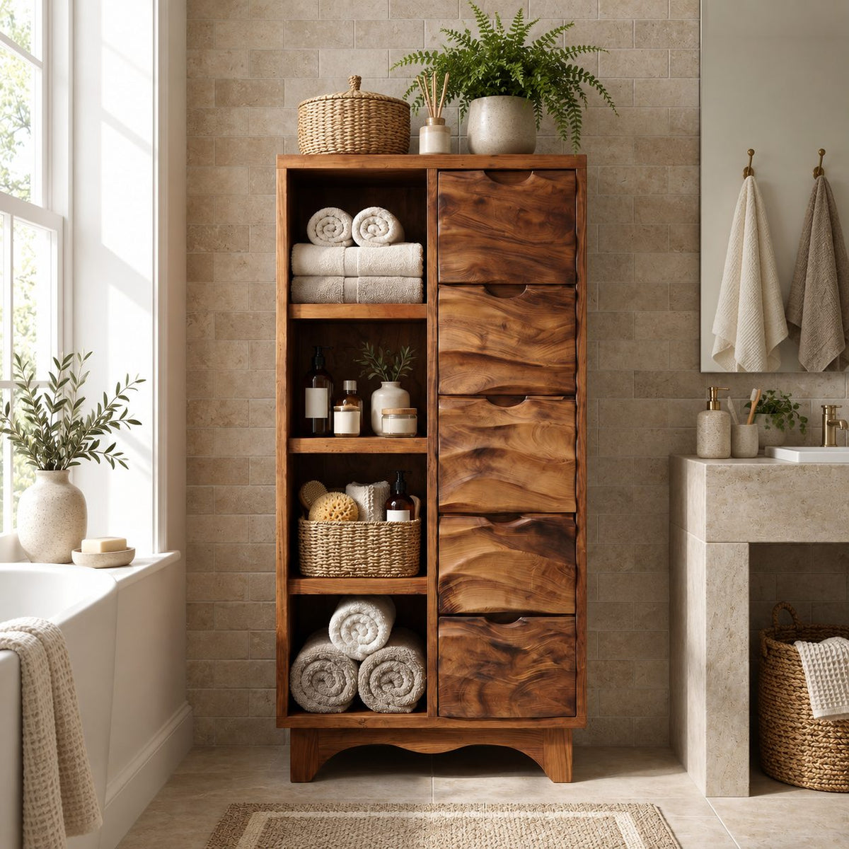 Hand Carved Drawer Bathroom Linen Cabinet with Open Side Shelves and Scalloped Base, Solid Wood