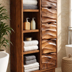 Hand Carved Drawer Bathroom Linen Cabinet with Open Side Shelves and Scalloped Base, Solid Wood