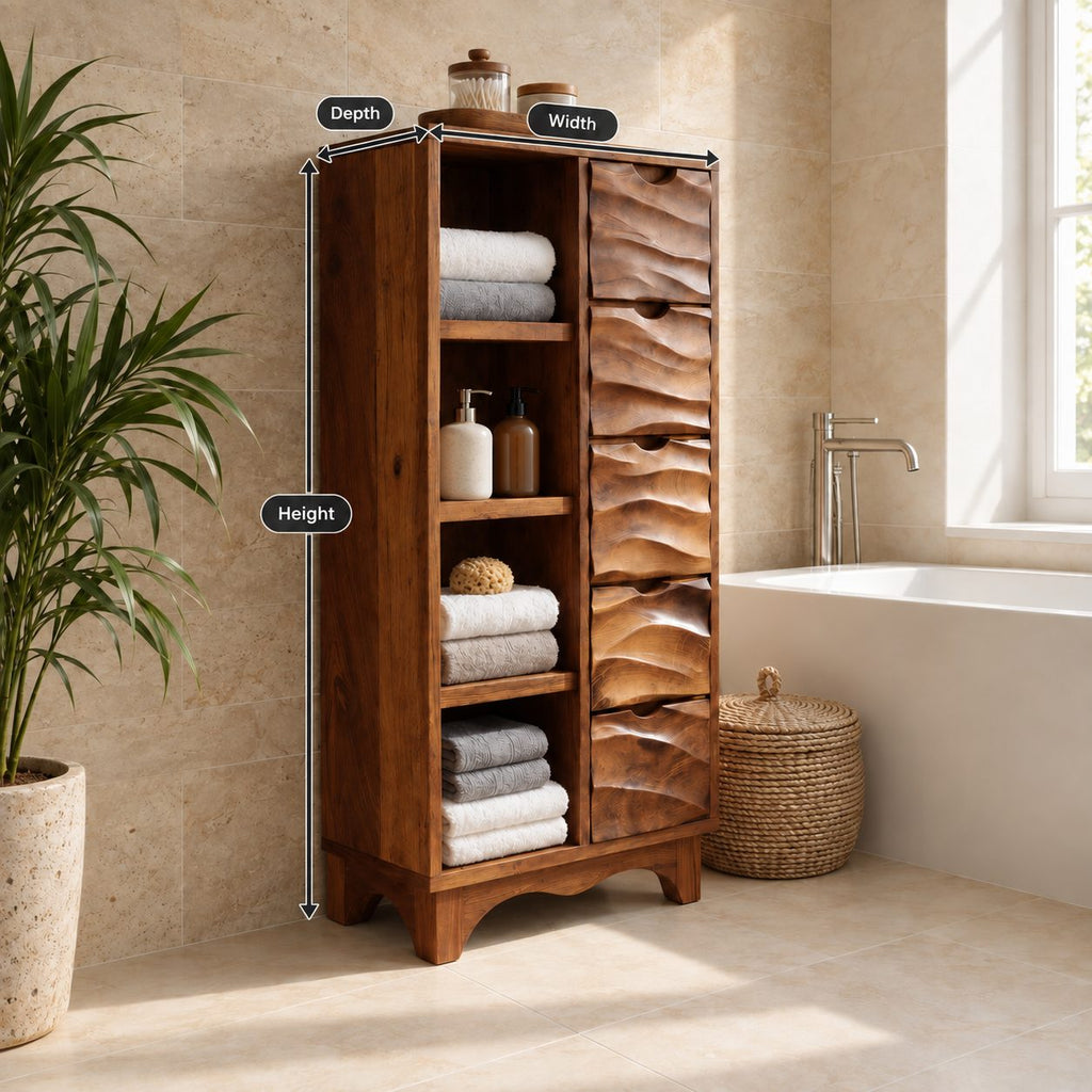 Hand Carved Drawer Bathroom Linen Cabinet with Open Side Shelves and Scalloped Base, Solid Wood
