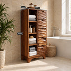 Hand Carved Drawer Bathroom Linen Cabinet with Open Side Shelves and Scalloped Base, Solid Wood