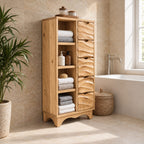Hand Carved Drawer Bathroom Linen Cabinet with Open Side Shelves and Scalloped Base, Solid Wood