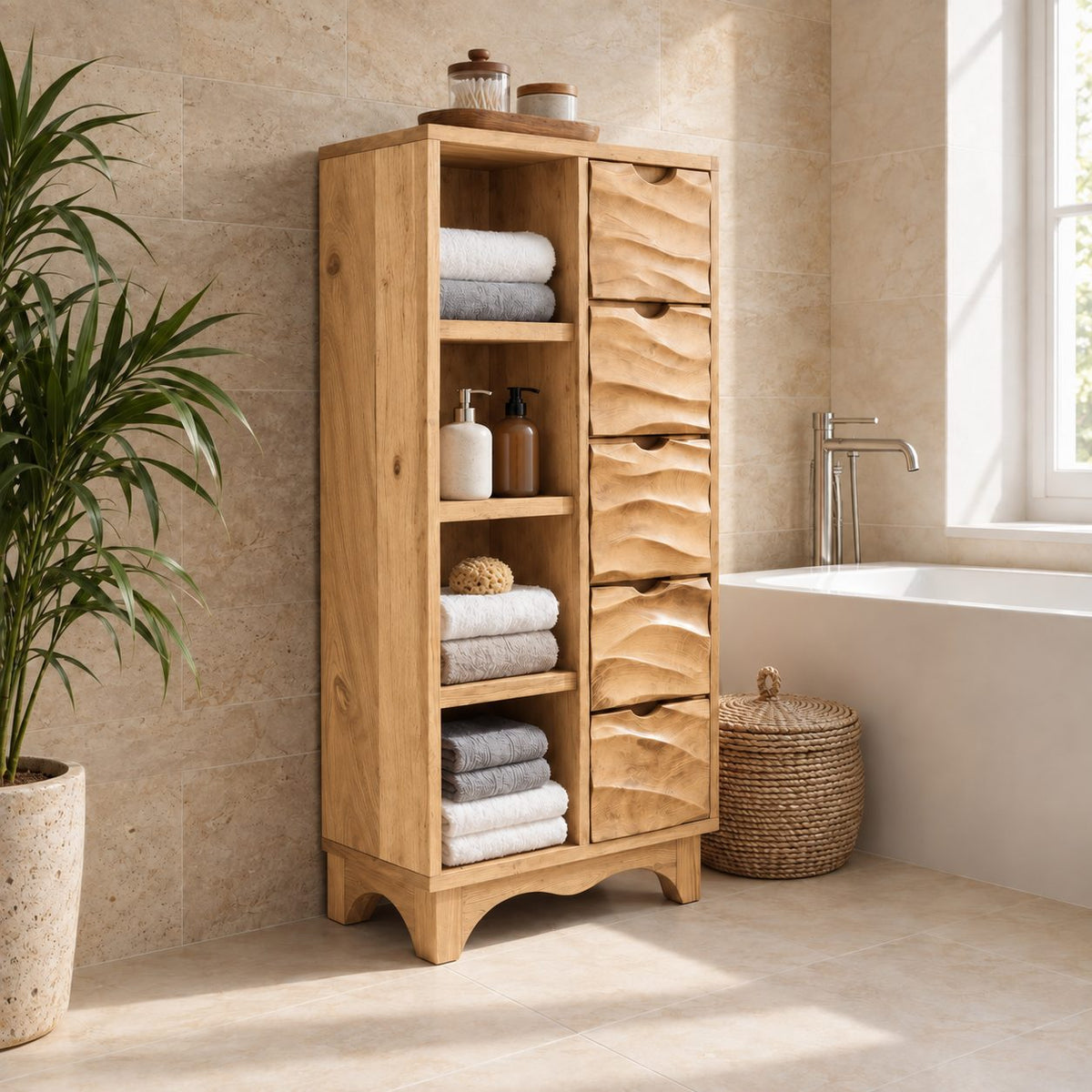 Hand Carved Drawer Bathroom Linen Cabinet with Open Side Shelves and Scalloped Base, Solid Wood