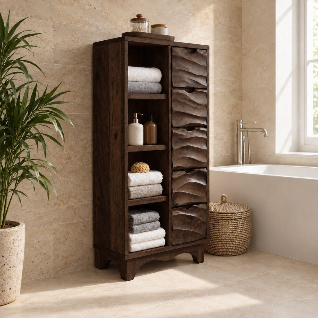 Hand Carved Drawer Bathroom Linen Cabinet with Open Side Shelves and Scalloped Base, Solid Wood