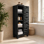 Hand Carved Drawer Bathroom Linen Cabinet with Open Side Shelves and Scalloped Base, Solid Wood