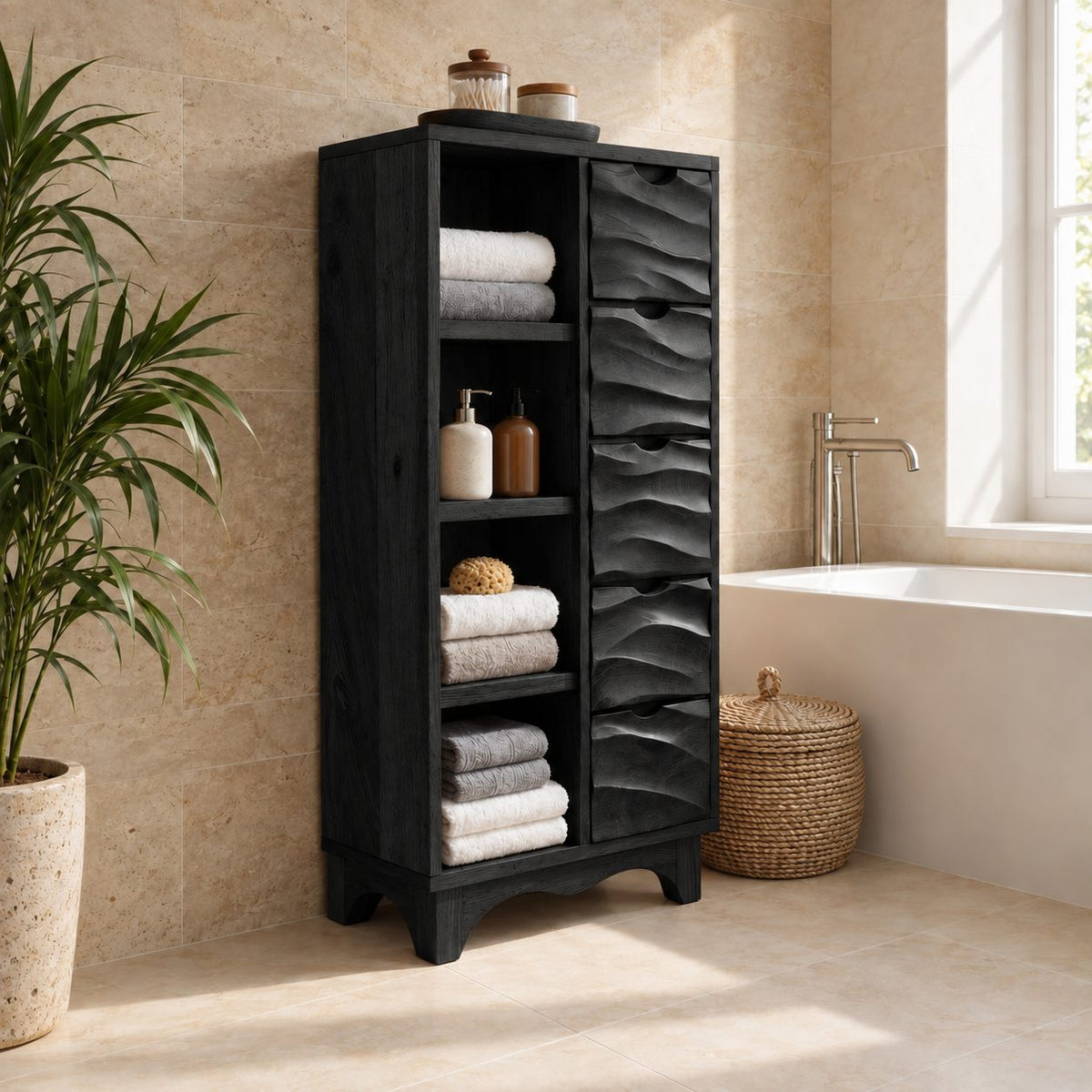 Hand Carved Drawer Bathroom Linen Cabinet with Open Side Shelves and Scalloped Base, Solid Wood