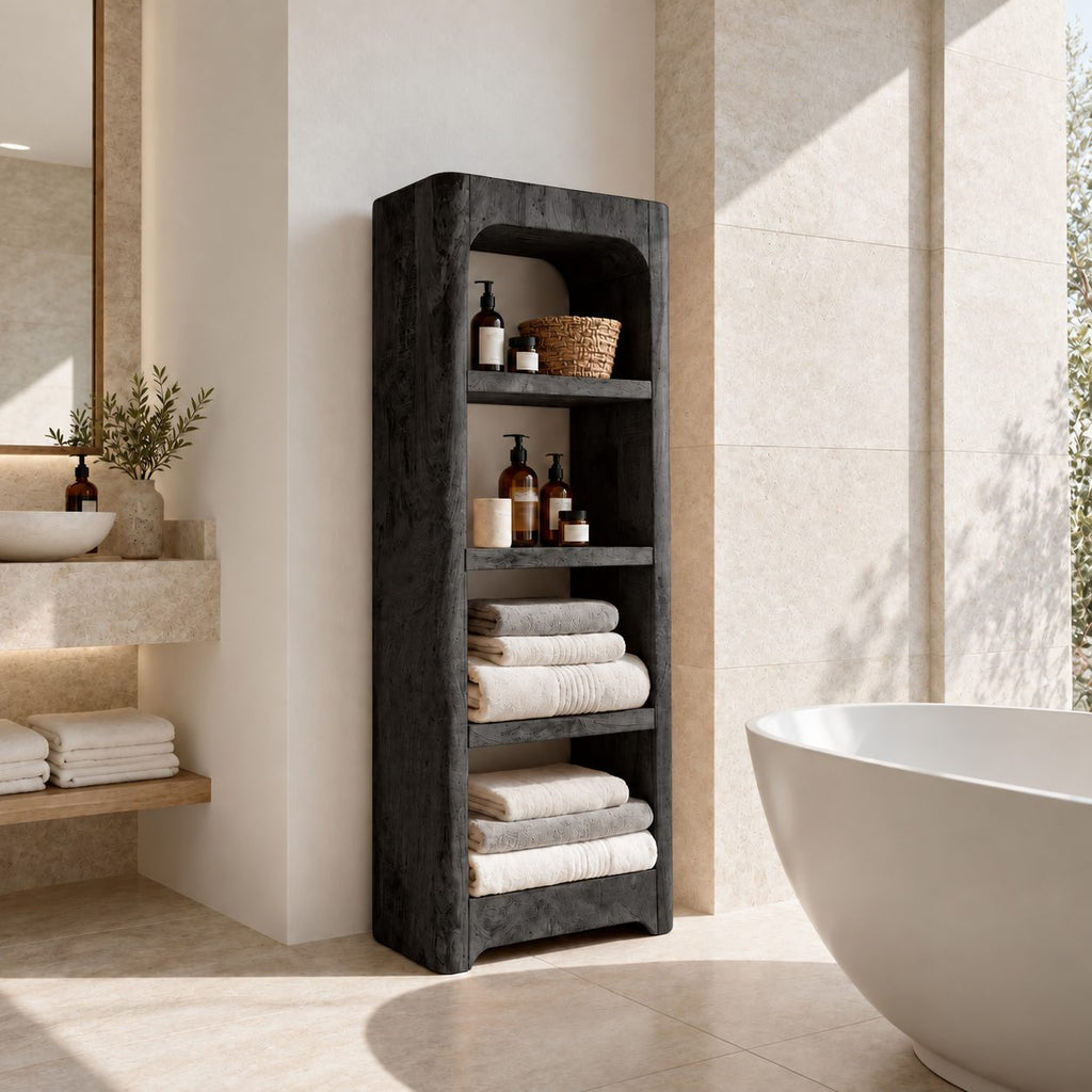 Arched Rustic Thick Slab Bathroom Shelf Tower, Open Freestanding Solid Wood Towel Storage Unit