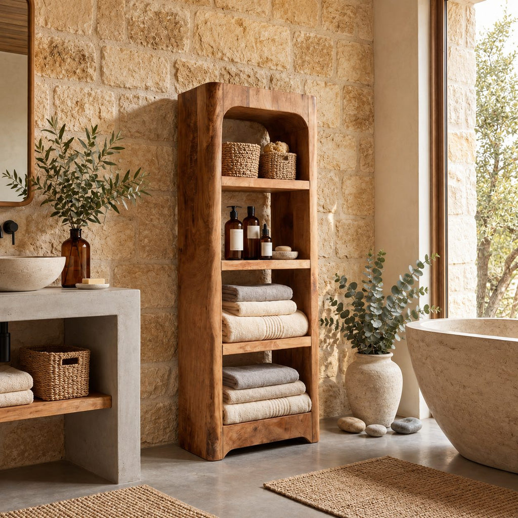 Arched Rustic Thick Slab Bathroom Shelf Tower, Open Freestanding Solid Wood Towel Storage Unit