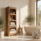 Arched Rustic Thick Slab Bathroom Shelf Tower, Open Freestanding Solid Wood Towel Storage Unit