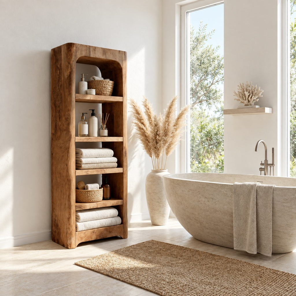 Arched Rustic Thick Slab Bathroom Shelf Tower, Open Freestanding Solid Wood Towel Storage Unit