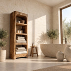 Arched Rustic Thick Slab Bathroom Shelf Tower, Open Freestanding Solid Wood Towel Storage Unit