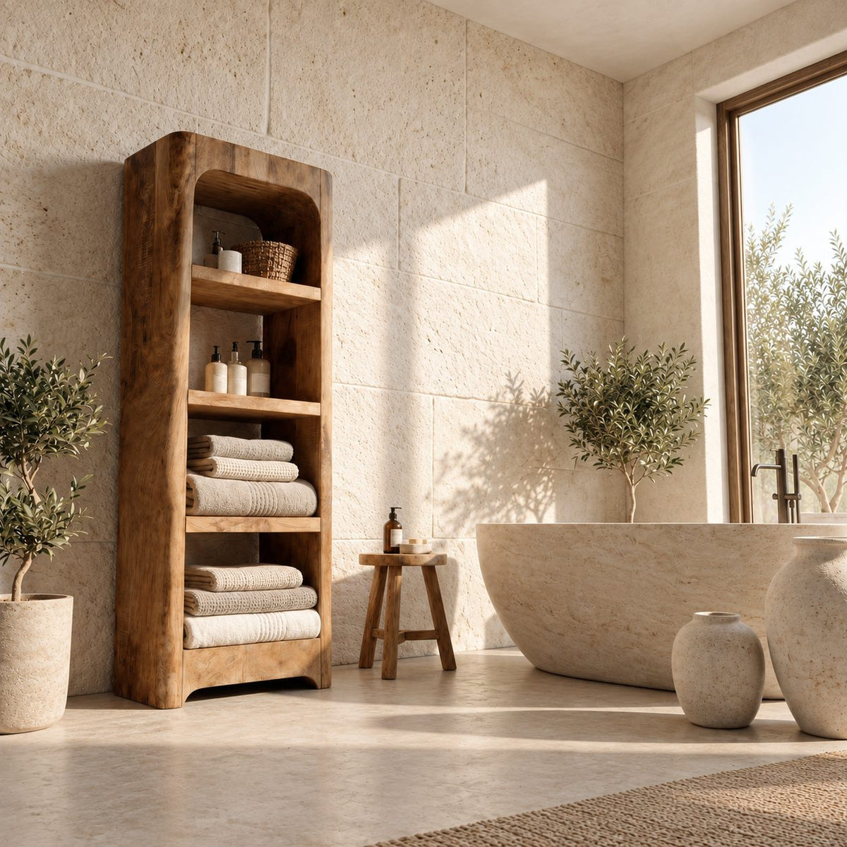 Arched Rustic Thick Slab Bathroom Shelf Tower, Open Freestanding Solid Wood Towel Storage Unit