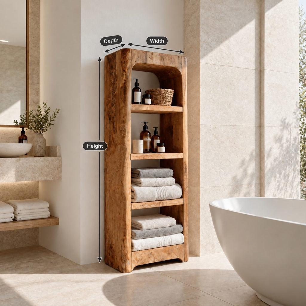 Arched Rustic Thick Slab Bathroom Shelf Tower, Open Freestanding Solid Wood Towel Storage Unit