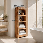 Arched Rustic Thick Slab Bathroom Shelf Tower, Open Freestanding Solid Wood Towel Storage Unit