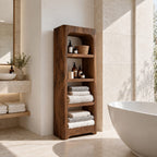 Arched Rustic Thick Slab Bathroom Shelf Tower, Open Freestanding Solid Wood Towel Storage Unit