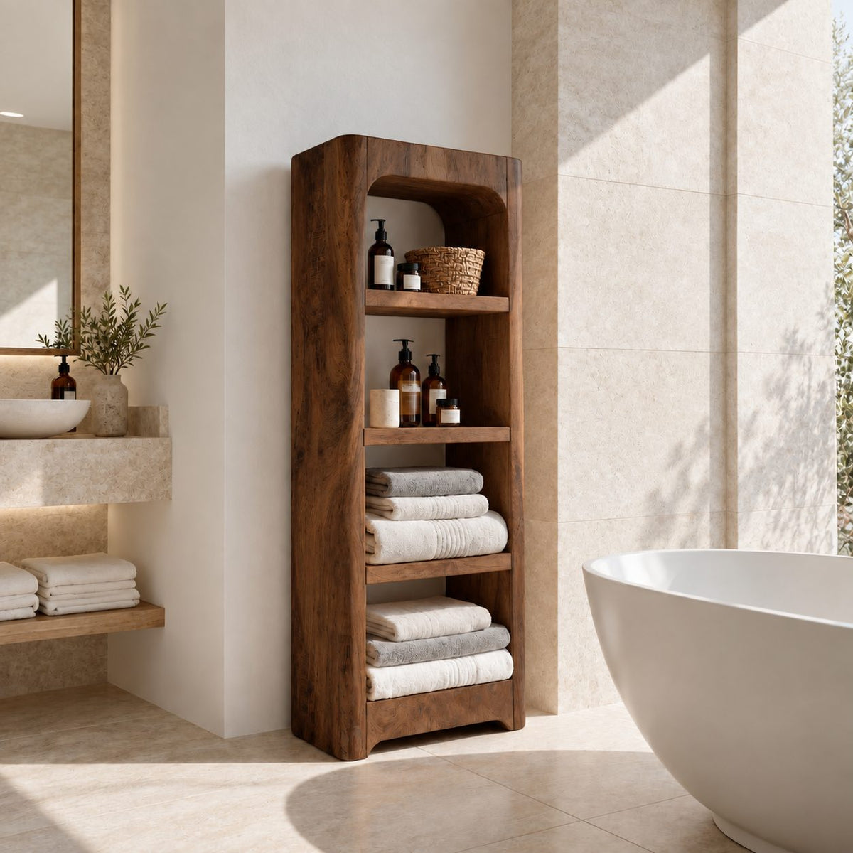 Arched Rustic Thick Slab Bathroom Shelf Tower, Open Freestanding Solid Wood Towel Storage Unit