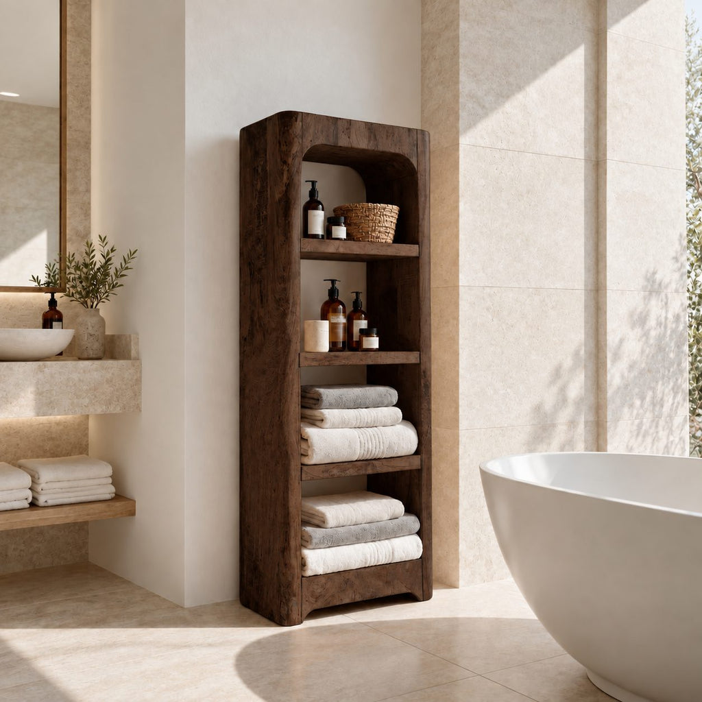 Arched Rustic Thick Slab Bathroom Shelf Tower, Open Freestanding Solid Wood Towel Storage Unit