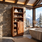 Live Edge Side Bathroom Linen Cabinet with Open Shelves and Single Door, Tall Solid Wood Storage