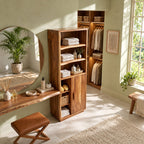 Live Edge Side Bathroom Linen Cabinet with Open Shelves and Single Door, Tall Solid Wood Storage