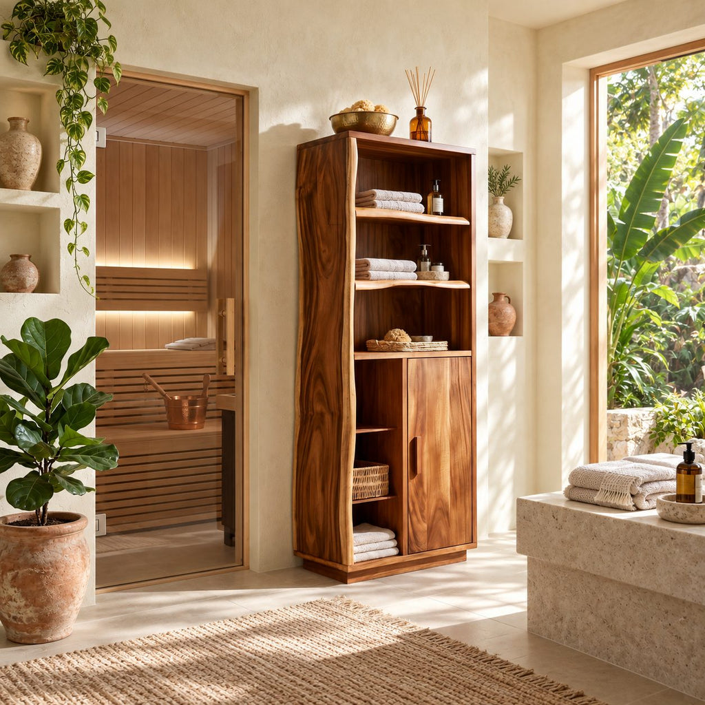 Live Edge Side Bathroom Linen Cabinet with Open Shelves and Single Door, Tall Solid Wood Storage