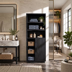 Live Edge Side Bathroom Linen Cabinet with Open Shelves and Single Door, Tall Solid Wood Storage