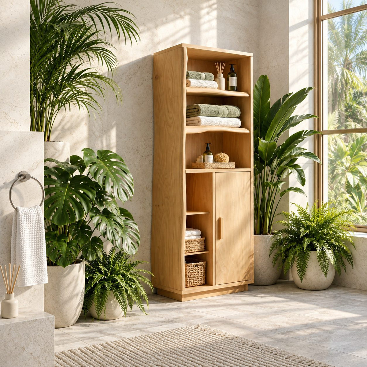 Live Edge Side Bathroom Linen Cabinet with Open Shelves and Single Door, Tall Solid Wood Storage