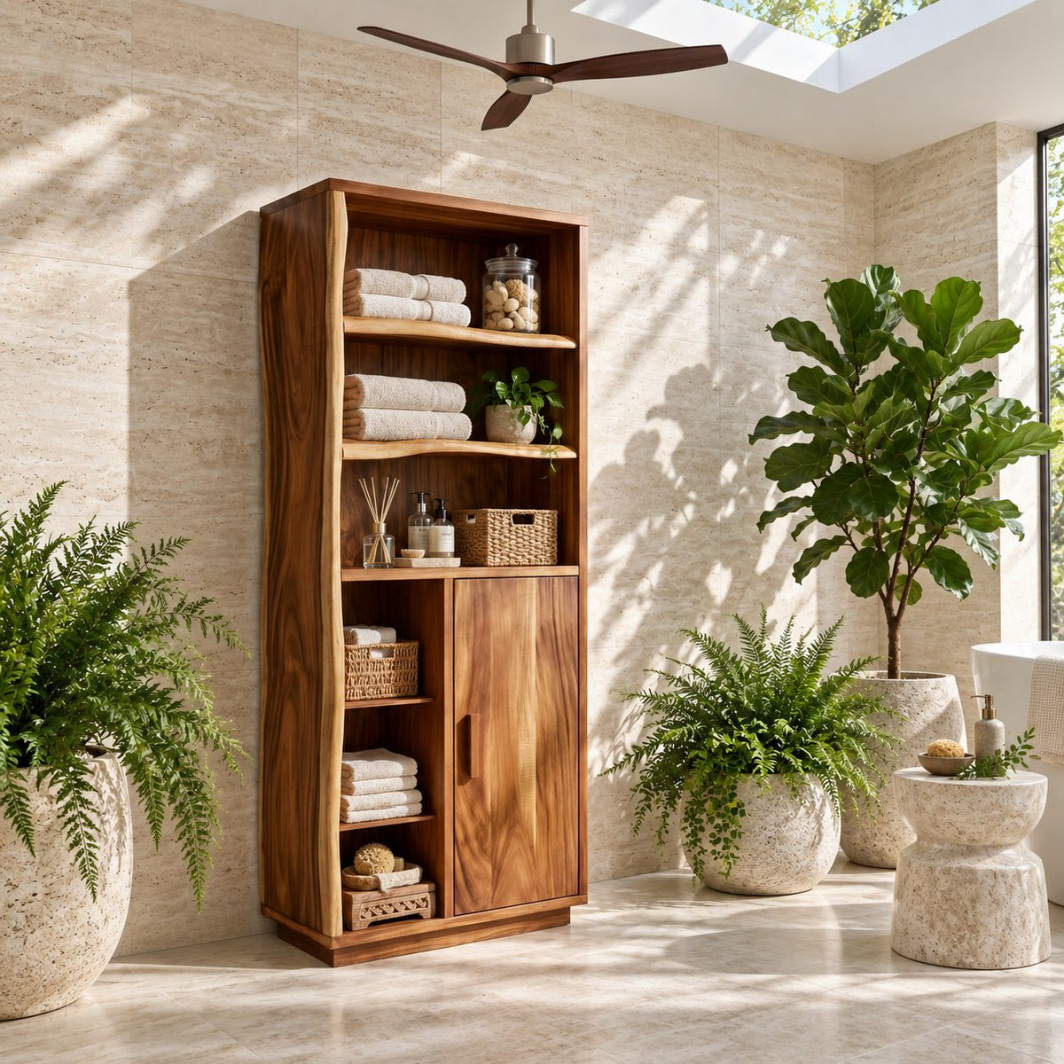 Live Edge Side Bathroom Linen Cabinet with Open Shelves and Single Door, Tall Solid Wood Storage