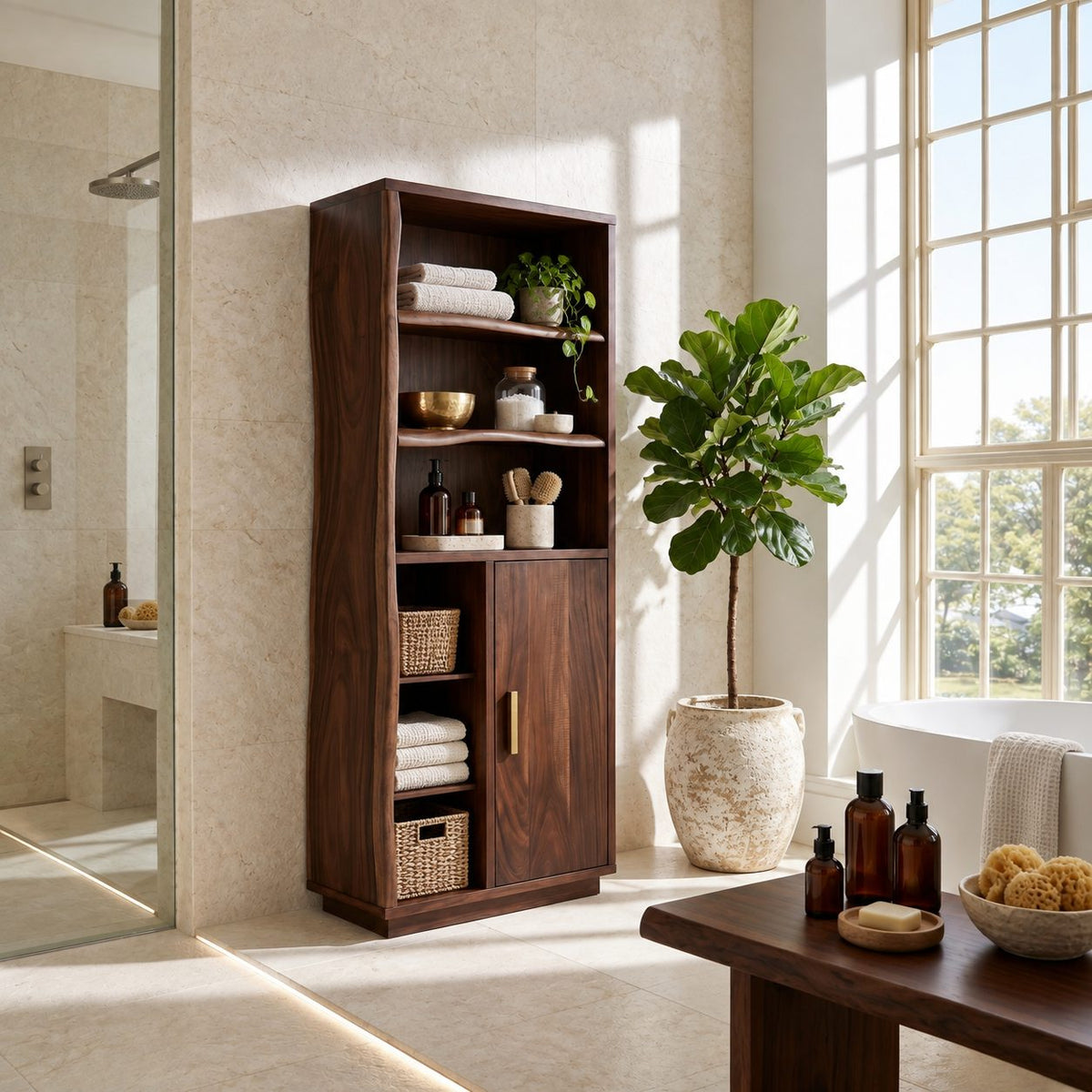 Live Edge Side Bathroom Linen Cabinet with Open Shelves and Single Door, Tall Solid Wood Storage