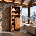 Live Edge Side Bathroom Linen Cabinet with Open Shelves and Single Door, Tall Solid Wood Storage