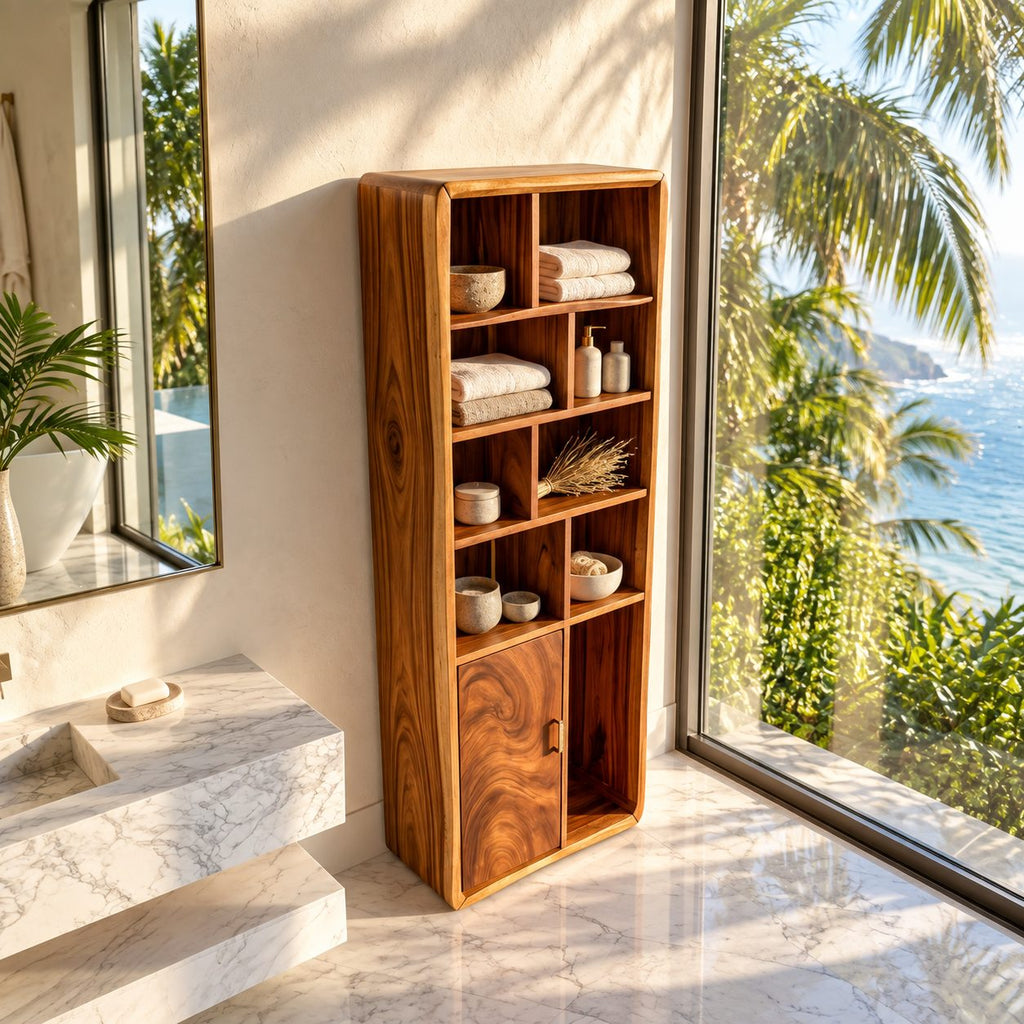 Cubby Grid Bathroom Linen Cabinet with Single Door, Tall Solid Wood Open Display Storage Unit