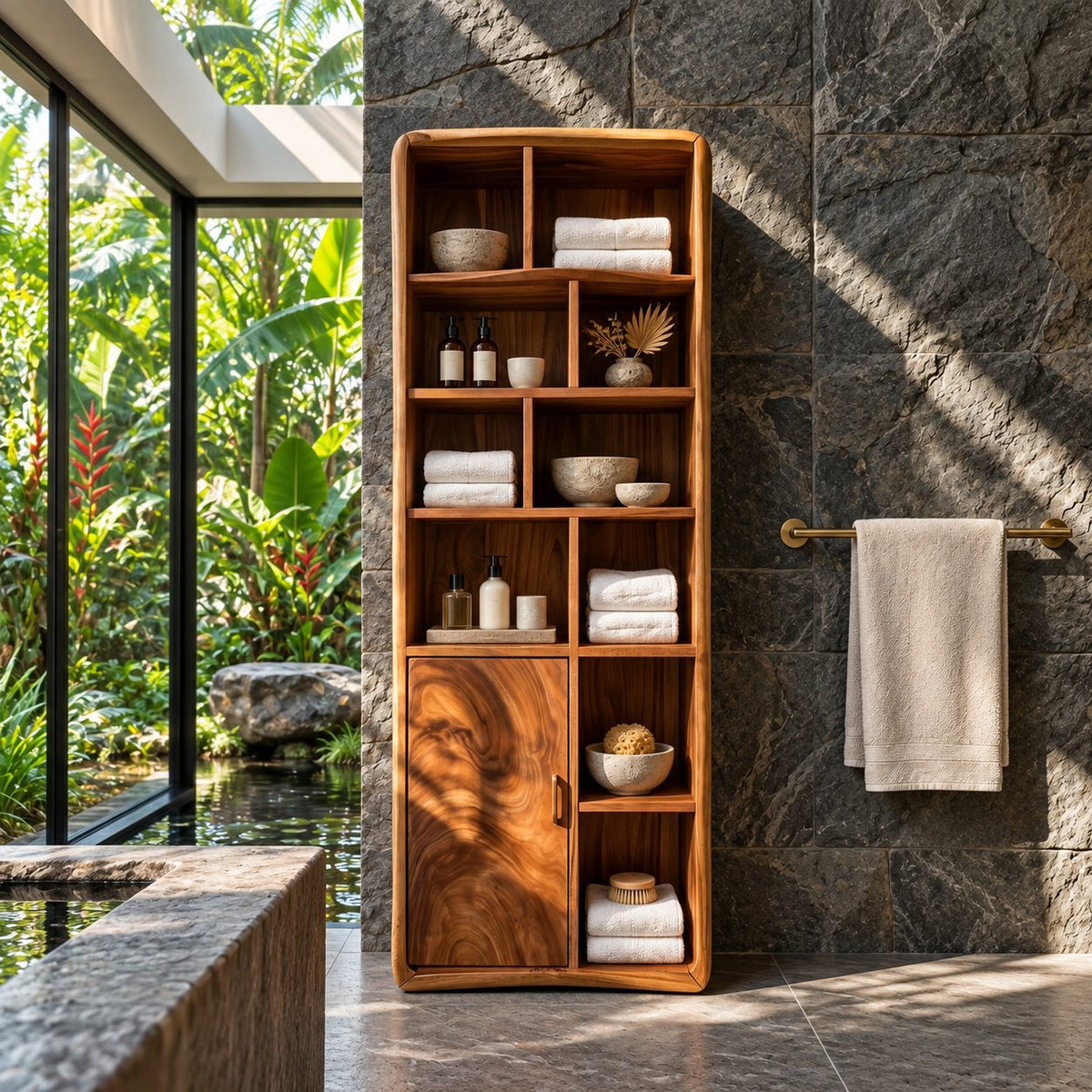 Cubby Grid Bathroom Linen Cabinet with Single Door, Tall Solid Wood Open Display Storage Unit