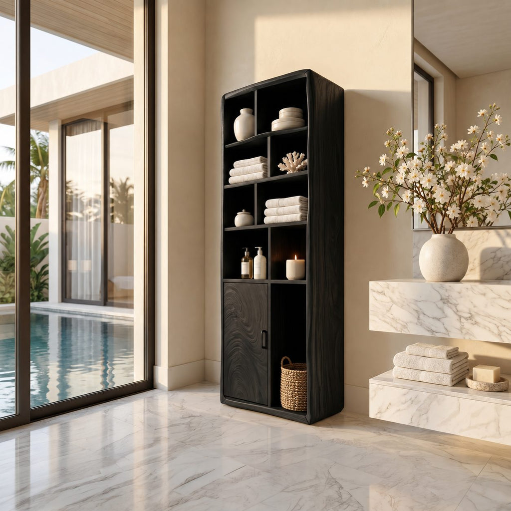 Cubby Grid Bathroom Linen Cabinet with Single Door, Tall Solid Wood Open Display Storage Unit