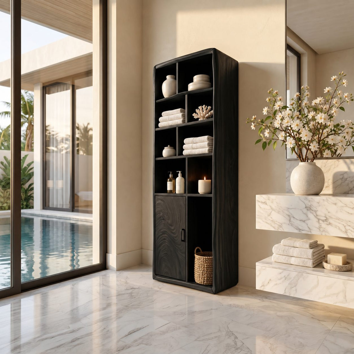 Cubby Grid Bathroom Linen Cabinet with Single Door, Tall Solid Wood Open Display Storage Unit
