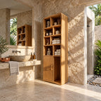 Cubby Grid Bathroom Linen Cabinet with Single Door, Tall Solid Wood Open Display Storage Unit
